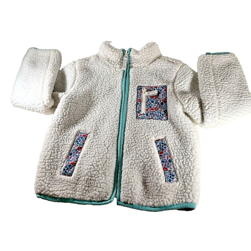 Cat &Jack Fleece Girl's Jacket Size XS (4/5) Cream Floral Trim Pockets Cozy Cute